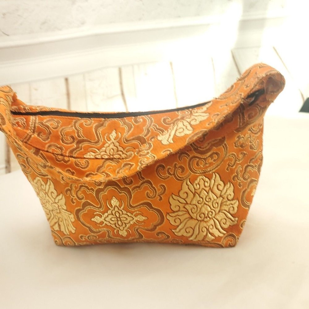 Womens Orange Brocade Inner Pockets Single Handle Lined Zipper Mini Handbag
